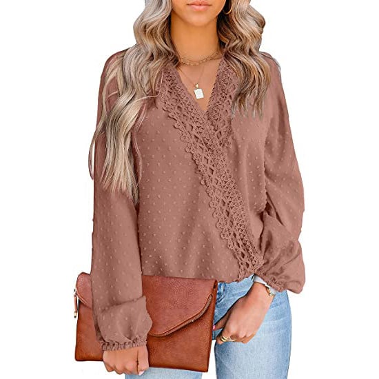 Womens V Neck Chiffon Lace Pom Pom Long Sleeve Top Image 4