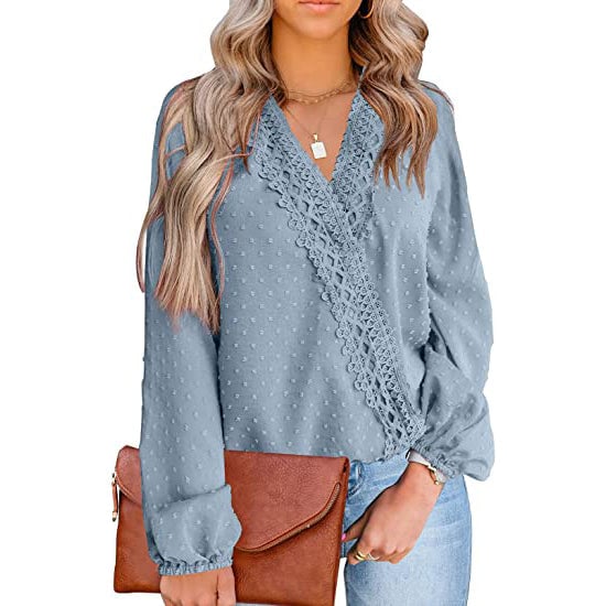 Womens V Neck Chiffon Lace Pom Pom Long Sleeve Top Image 6