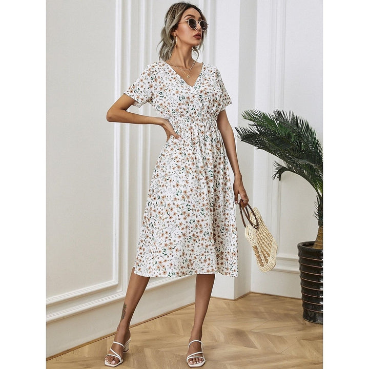 Womens V Neck Casual Boho Loose Midi Dress Image 3