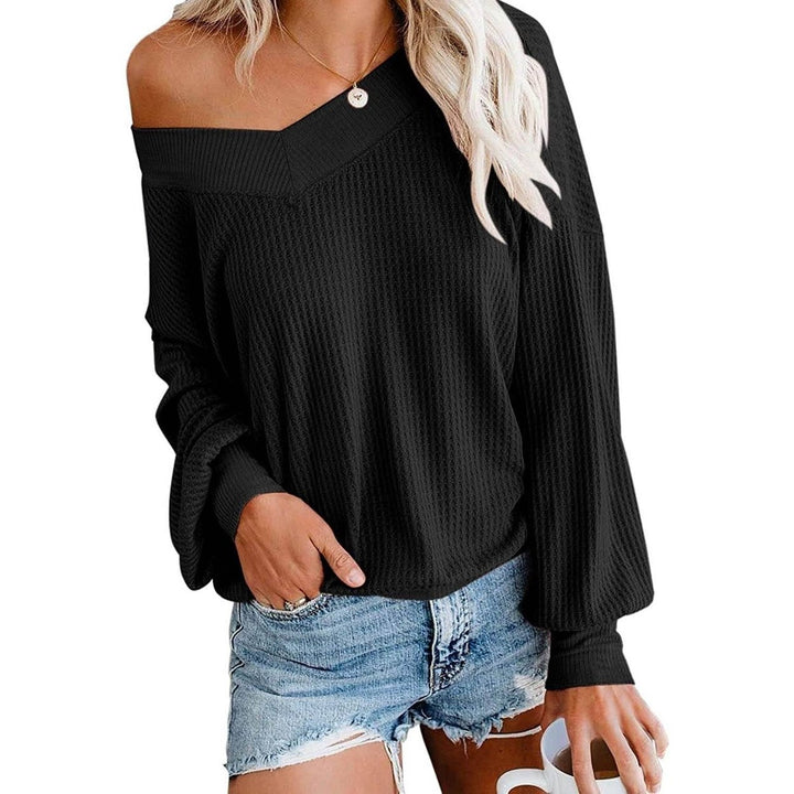 Womens V Neck Long Sleeve Waffle Knit Top Off Shoulder Oversized Pullover Sweater Image 4