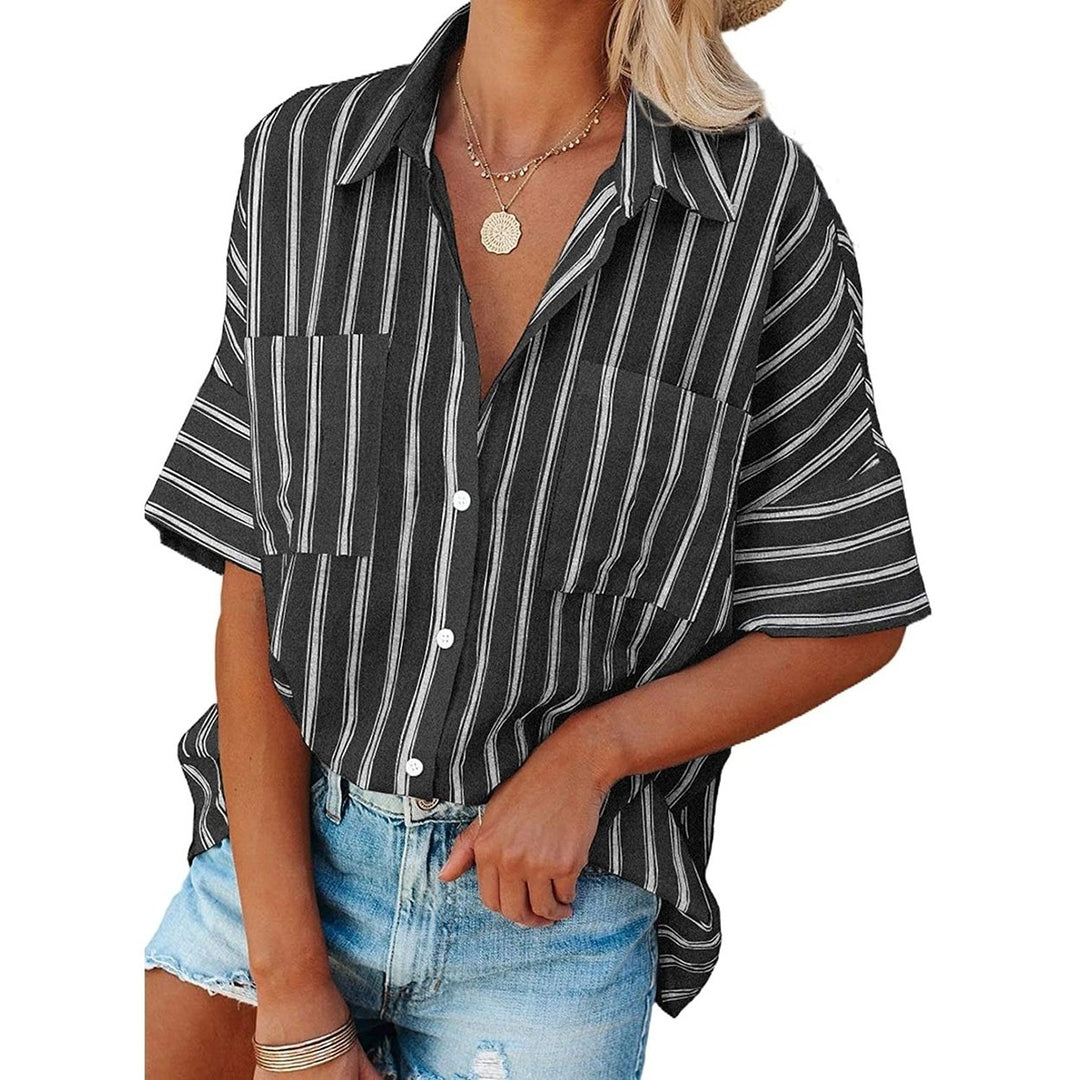 Womens V Neck Striped Roll Up Cuff Button Shirt Top Image 1