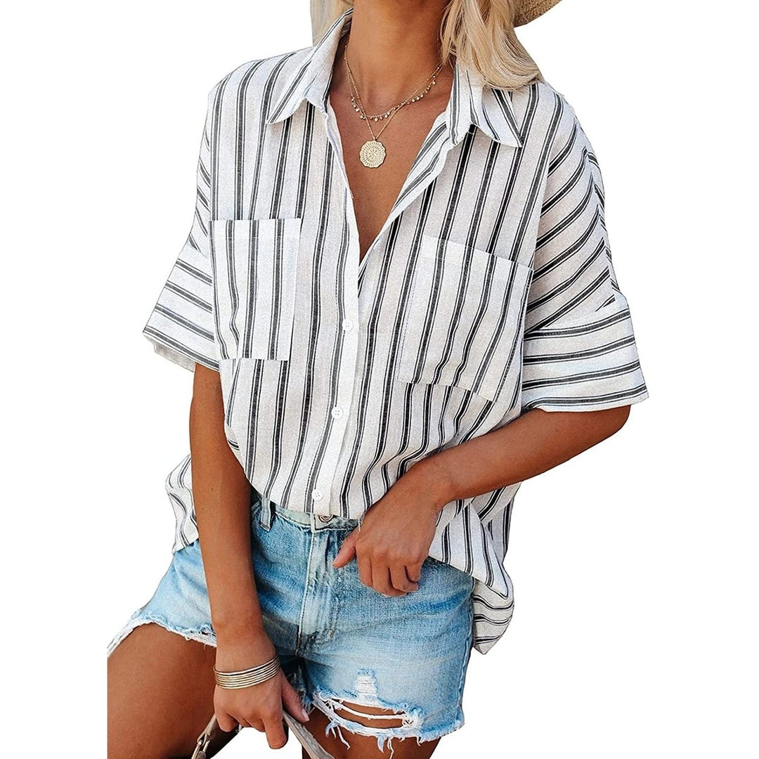 Womens V Neck Striped Roll Up Cuff Button Shirt Top Image 3