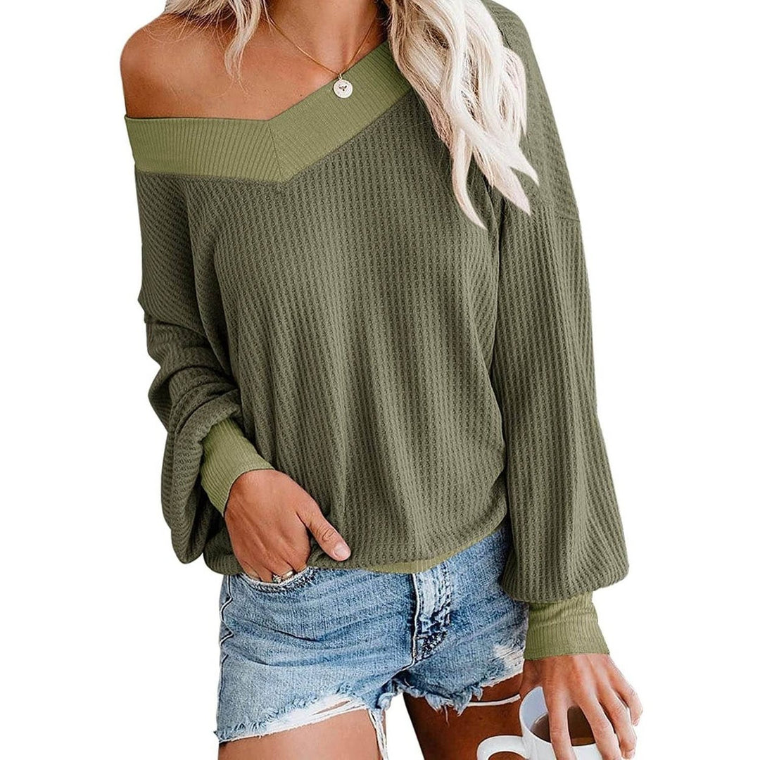 Womens V Neck Long Sleeve Waffle Knit Top Off Shoulder Oversized Pullover Sweater Image 9