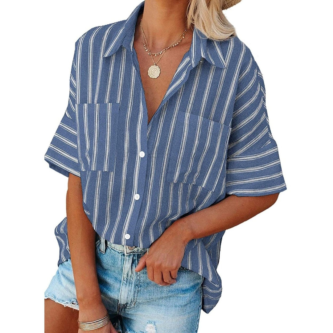 Womens V Neck Striped Roll Up Cuff Button Shirt Top Image 4