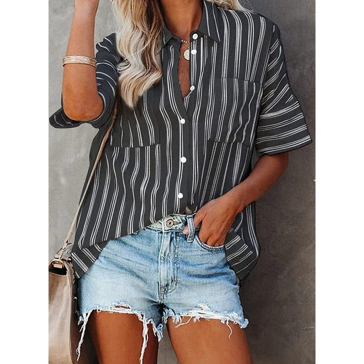 Womens V Neck Striped Roll Up Cuff Button Shirt Top Image 4