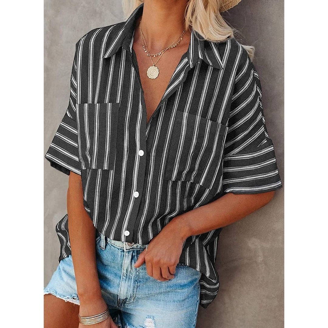 Womens V Neck Striped Roll Up Cuff Button Shirt Top Image 6