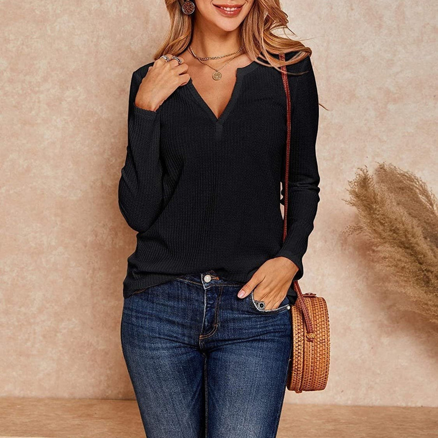 Womens V Neck Waffle Knit Henley Tops Image 1