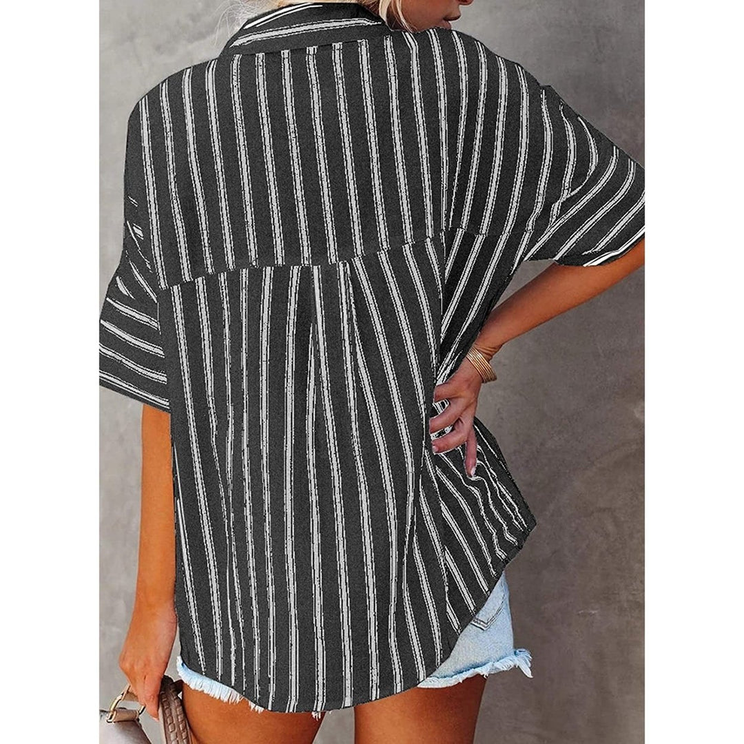 Womens V Neck Striped Roll Up Cuff Button Shirt Top Image 7