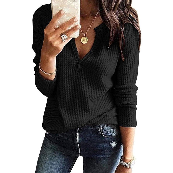 Womens V Neck Waffle Knit Henley Tops Image 2