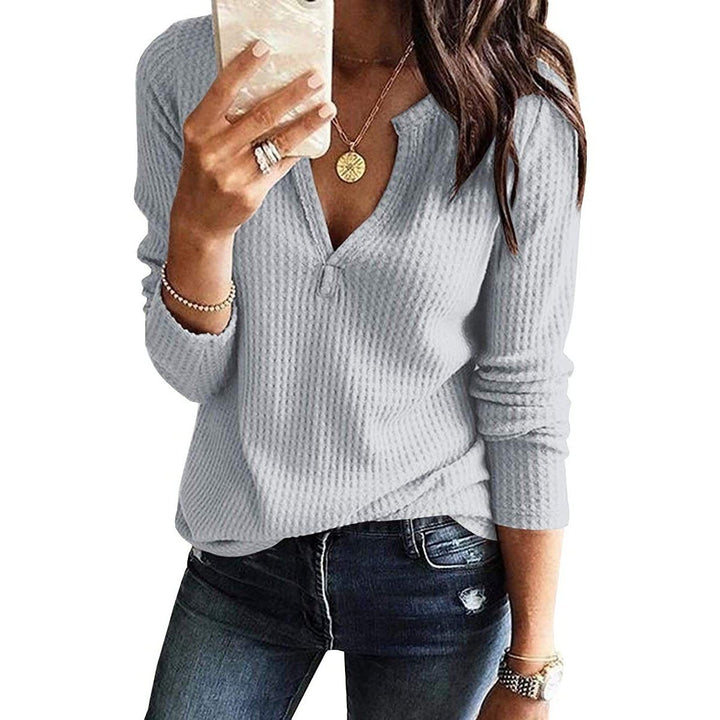 Womens V Neck Waffle Knit Henley Tops Image 3