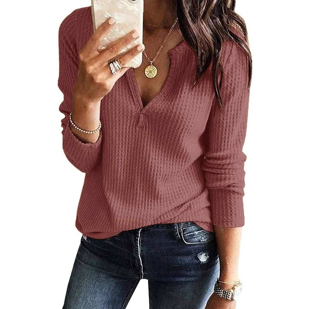 Womens V Neck Waffle Knit Henley Tops Image 4