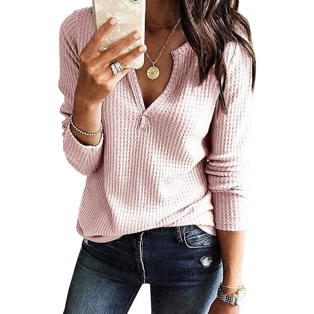 Womens V Neck Waffle Knit Henley Tops Image 4