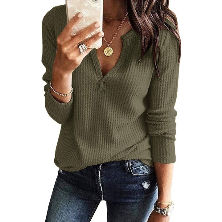 Womens V Neck Waffle Knit Henley Tops Image 7