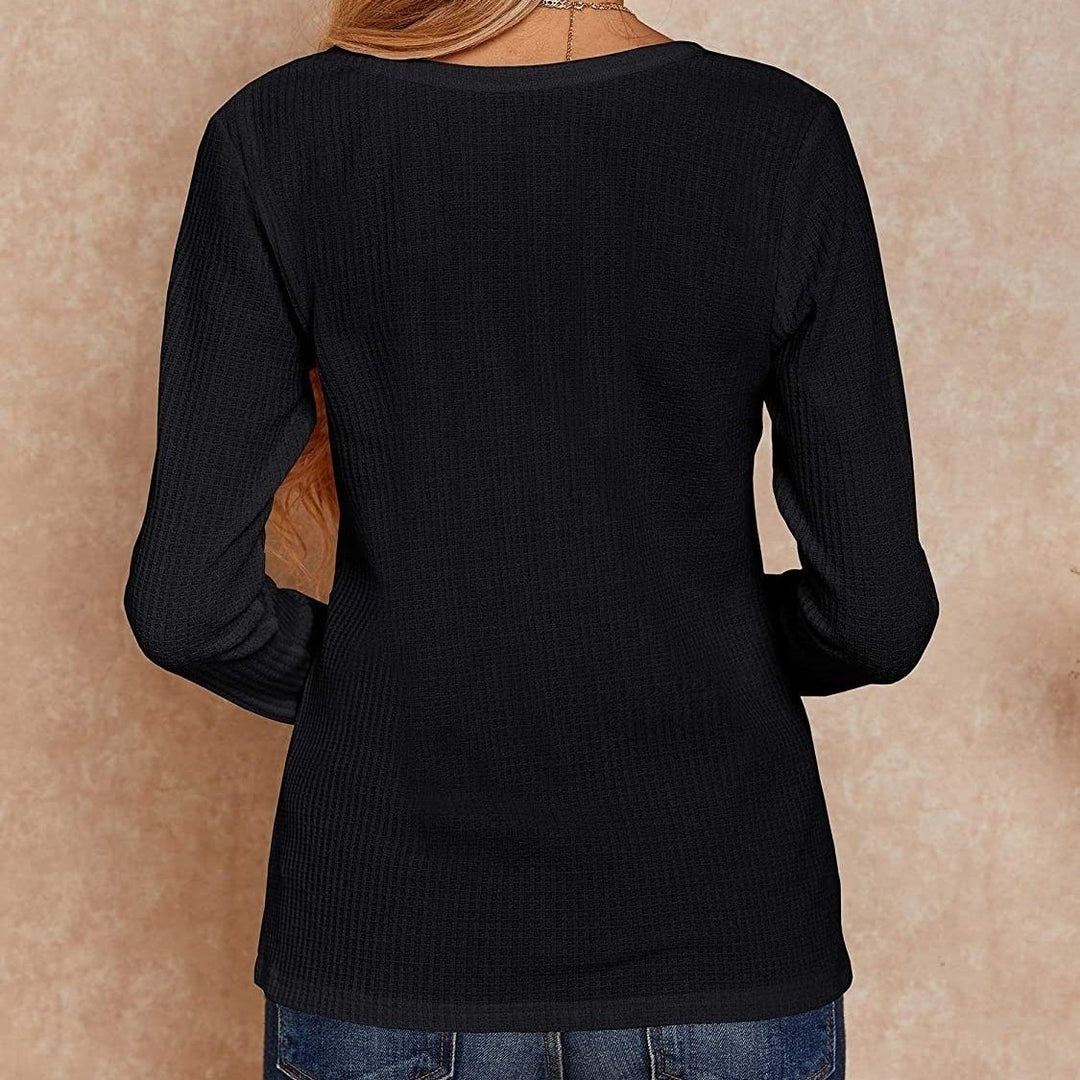 Womens V Neck Waffle Knit Henley Tops Image 9