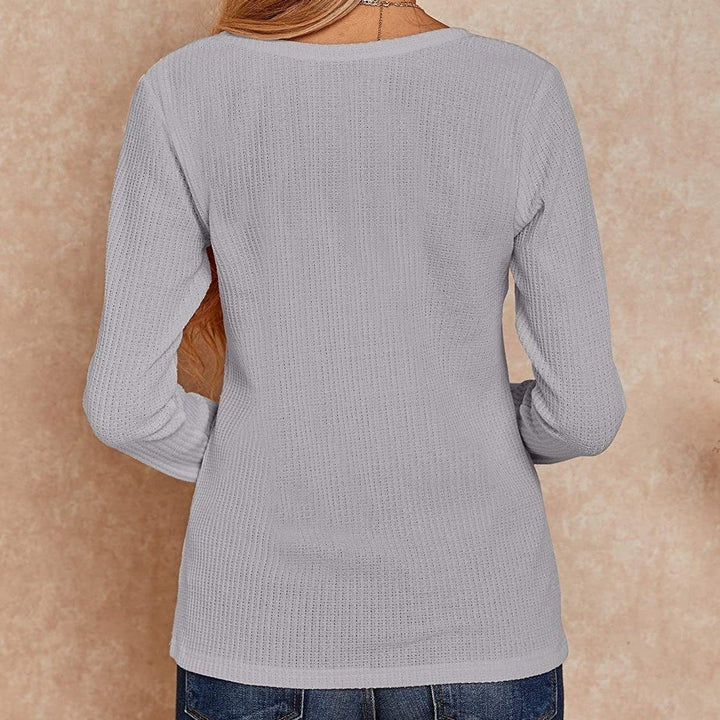 Womens V Neck Waffle Knit Henley Tops Image 12