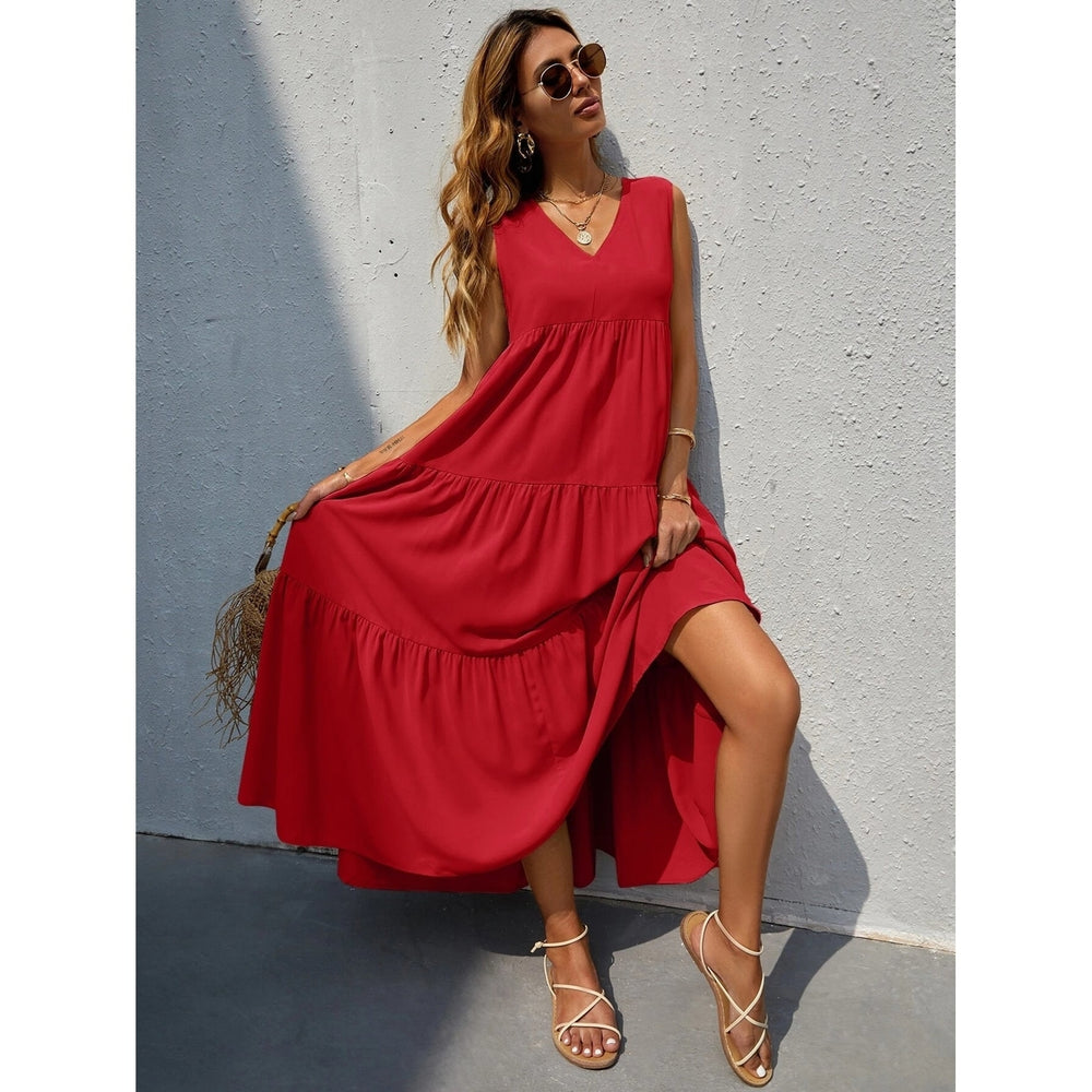 Womens V-neck Ruffle Hem Solid Dress Image 2