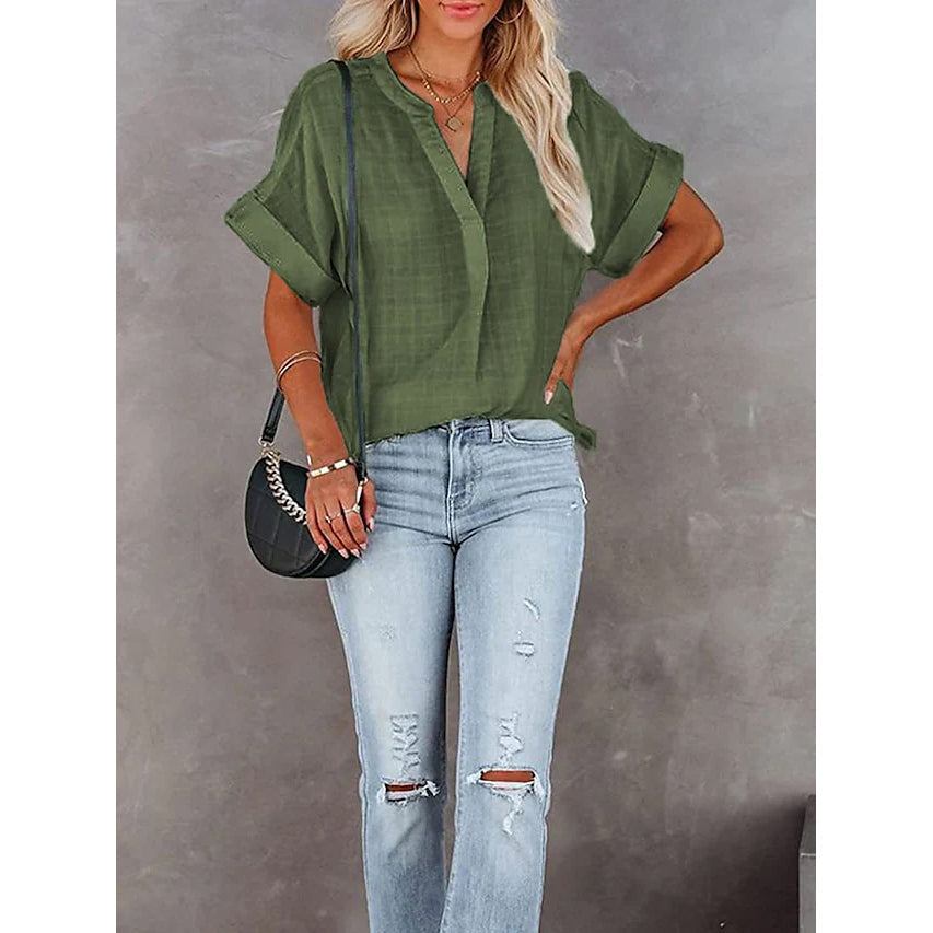 Womens V-Neck Loose Shirt Short Sleeve Top Image 1