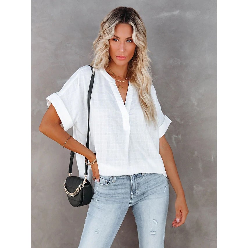 Womens V-Neck Loose Shirt Short Sleeve Top Image 1