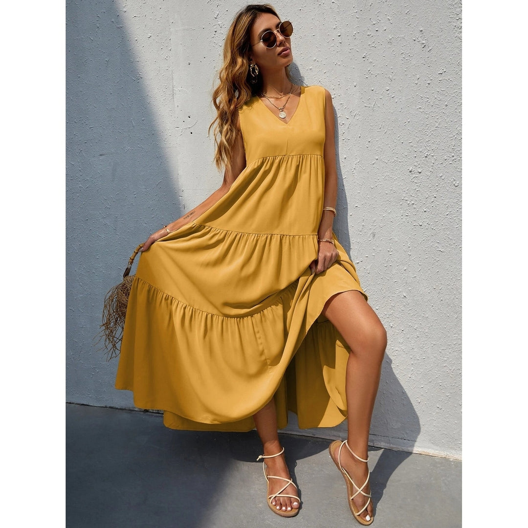 Womens V-neck Ruffle Hem Solid Dress Image 4