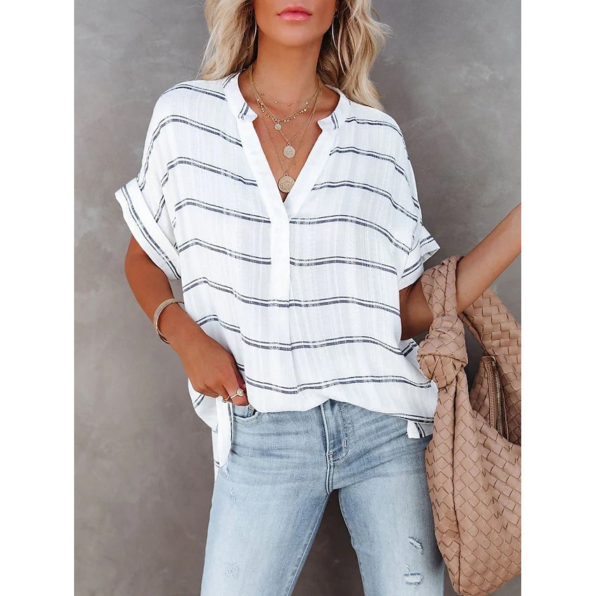 Womens V-Neck Loose Shirt Short Sleeve Top Image 4