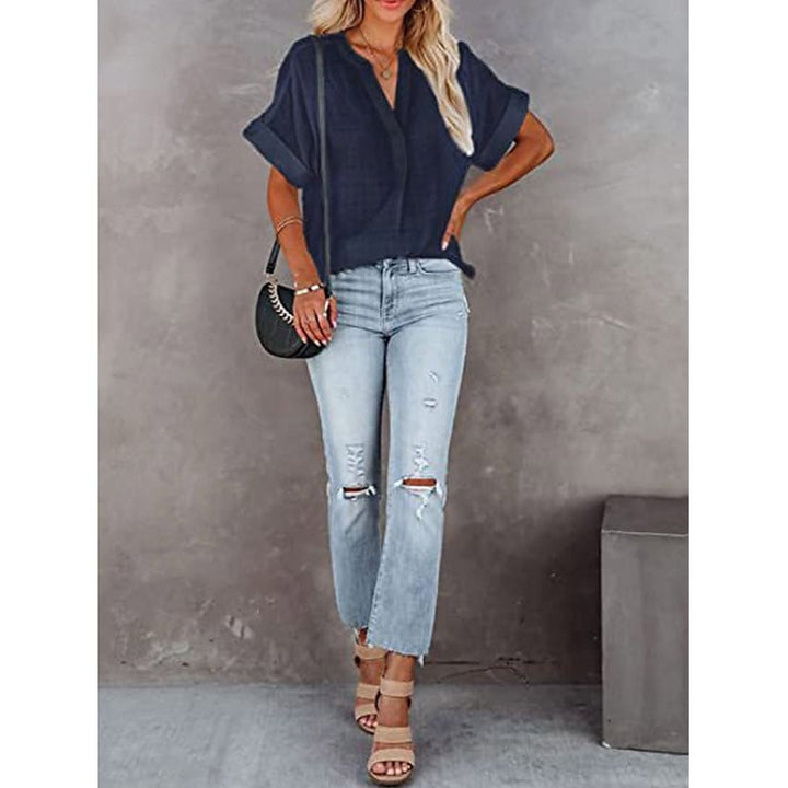 Womens V-Neck Loose Shirt Short Sleeve Top Image 8