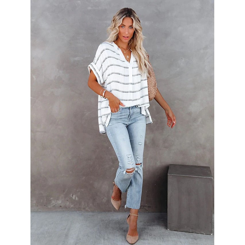 Womens V-Neck Loose Shirt Short Sleeve Top Image 10