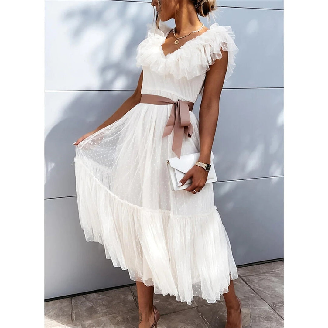 Womens V-Neck Solid Pleated Dress Image 1