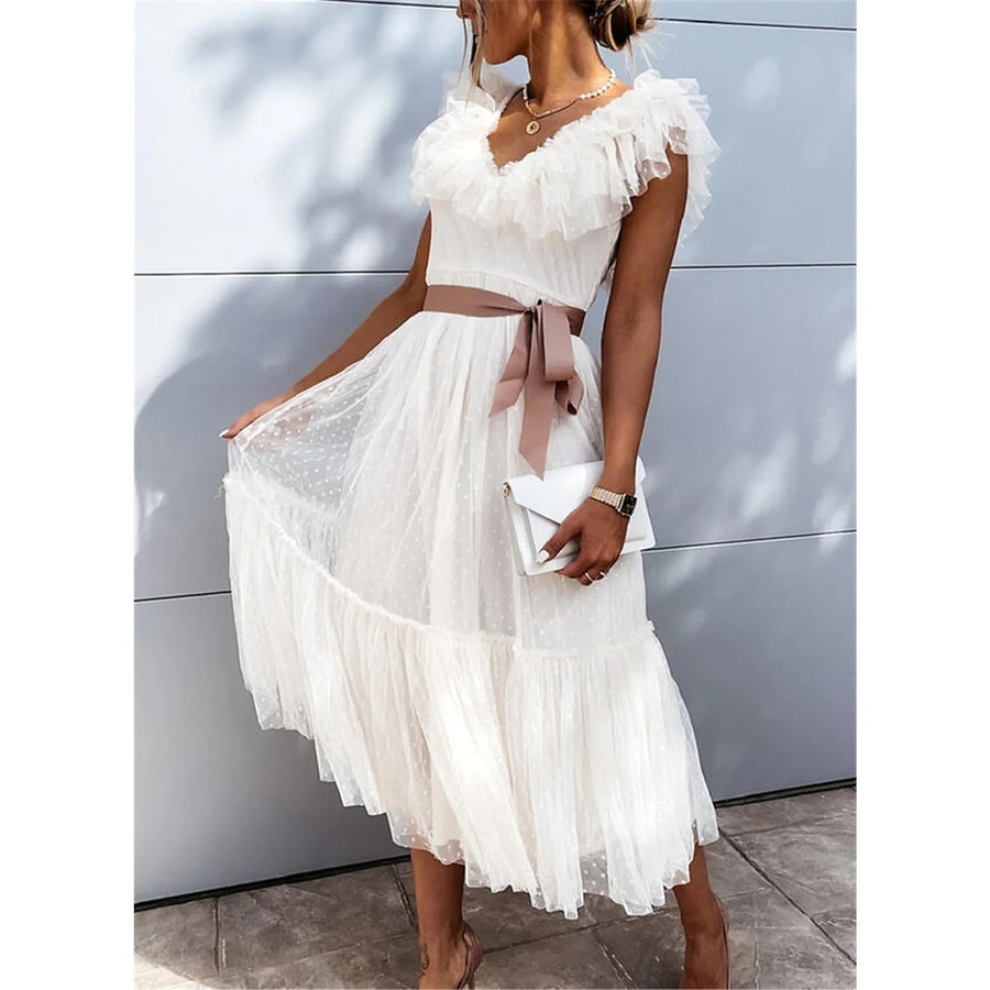 Womens V-Neck Solid Pleated Dress Image 1