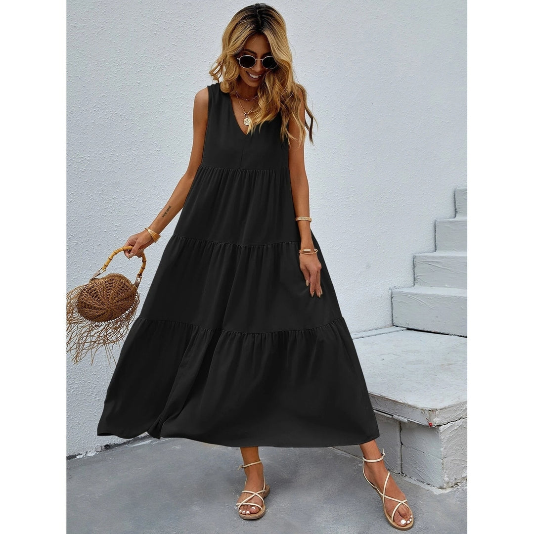 Womens V-neck Ruffle Hem Solid Dress Image 8