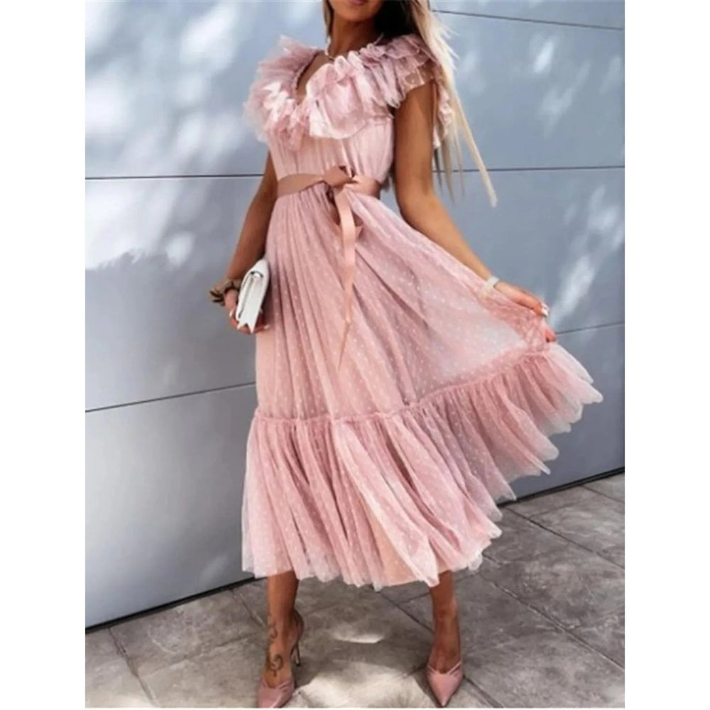 Womens V-Neck Solid Pleated Dress Image 2