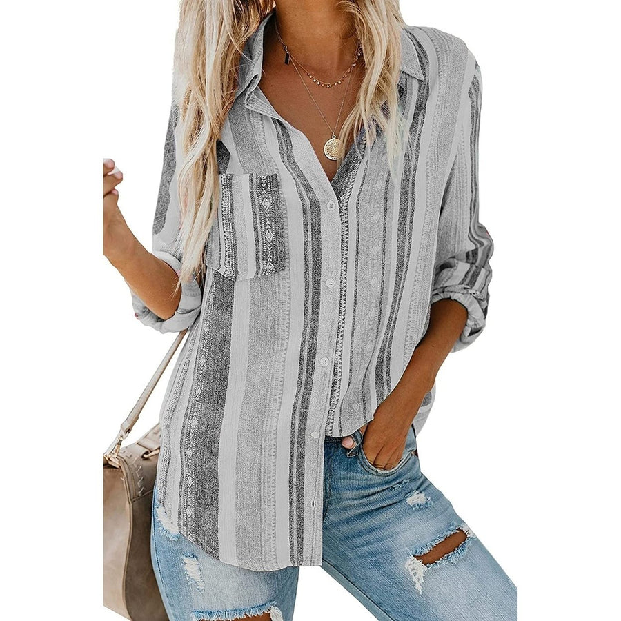 Womens V-Neck Striped Roll-Up Cuff Shirt Image 1