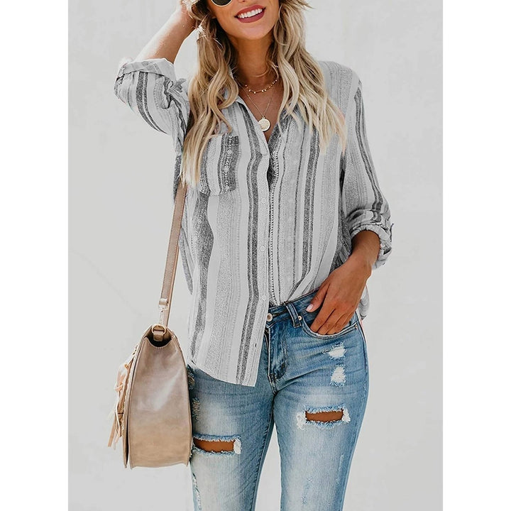 Womens V-Neck Striped Roll-Up Cuff Shirt Image 2