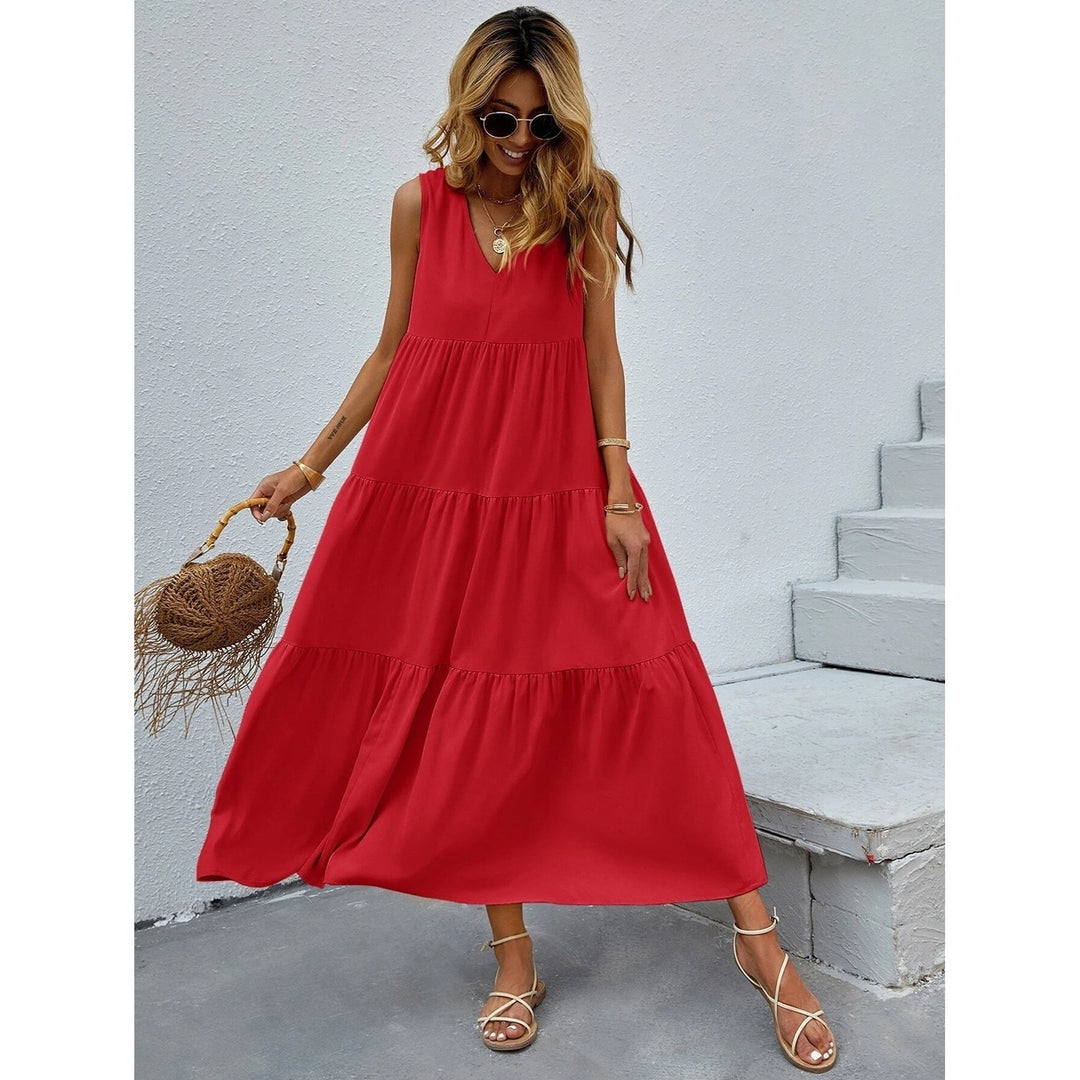 Womens V-neck Ruffle Hem Solid Dress Image 12