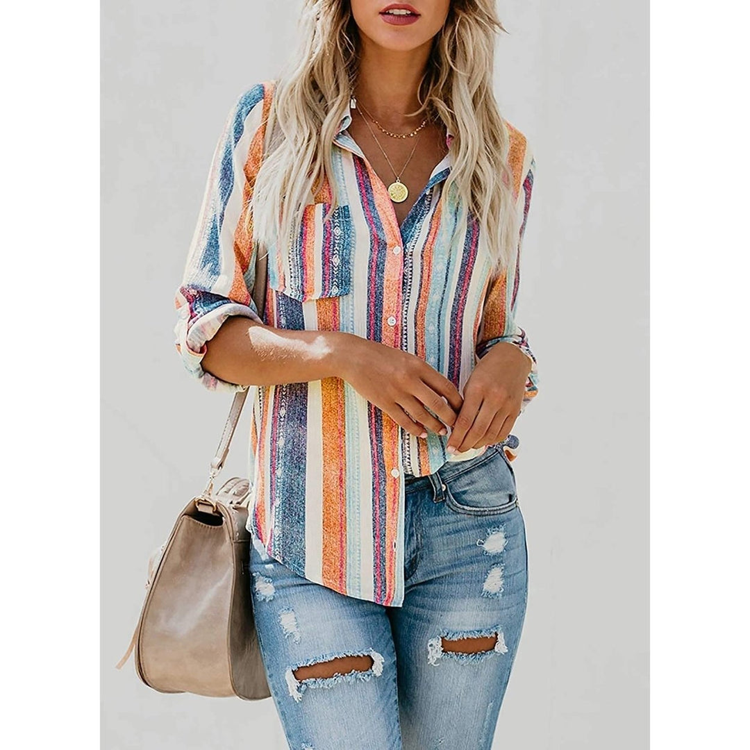 Womens V-Neck Striped Roll-Up Cuff Shirt Image 7