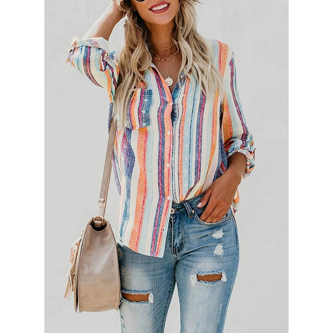 Womens V-Neck Striped Roll-Up Cuff Shirt Image 8