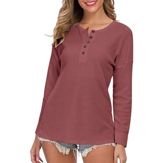 Womens Waffle Knit Tunic Tops Loose Long Sleeve Image 1