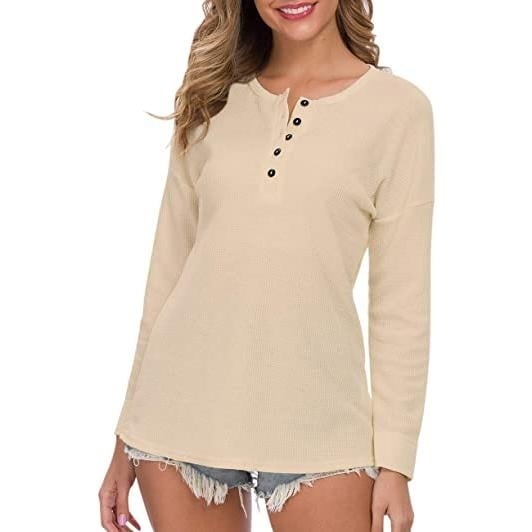 Womens Waffle Knit Tunic Tops Loose Long Sleeve Image 2