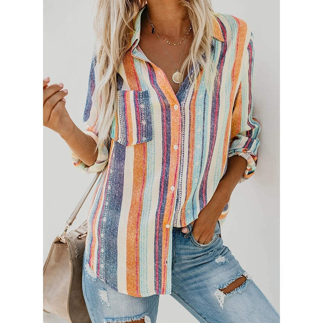 Womens V-Neck Striped Roll-Up Cuff Shirt Image 10