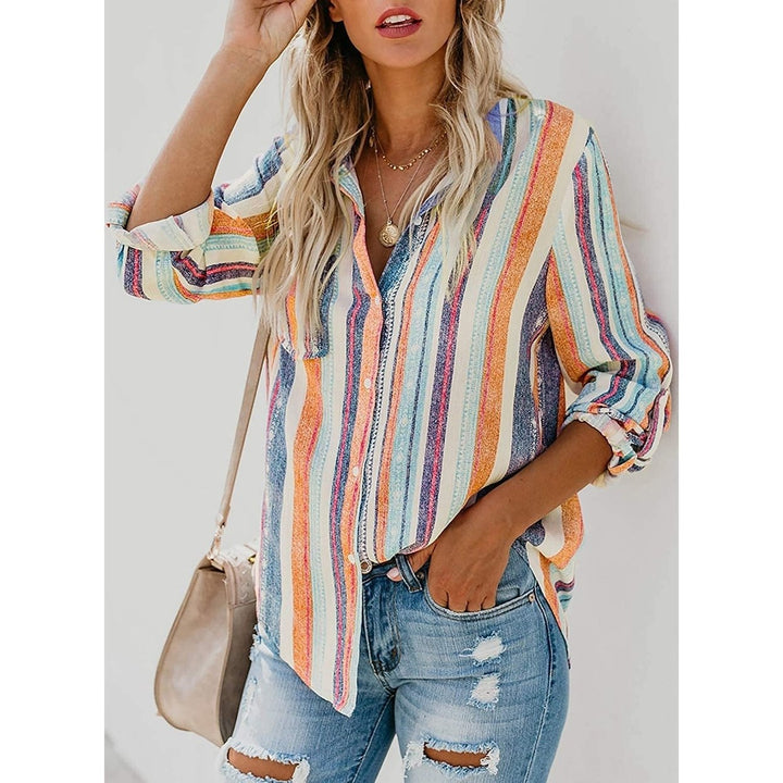 Womens V-Neck Striped Roll-Up Cuff Shirt Image 11