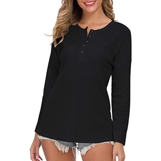 Womens Waffle Knit Tunic Tops Loose Long Sleeve Image 4