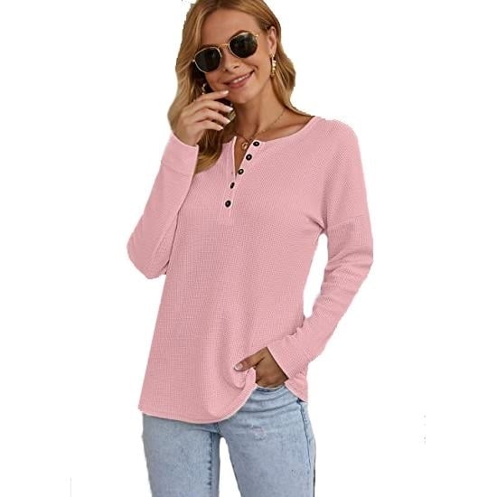 Womens Waffle Knit Tunic Tops Loose Long Sleeve Image 4