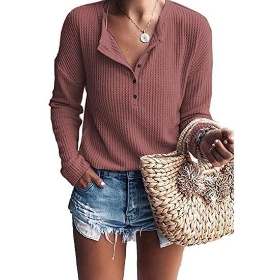 Womens Waffle Knit Tunic Tops Loose Long Sleeve Image 8