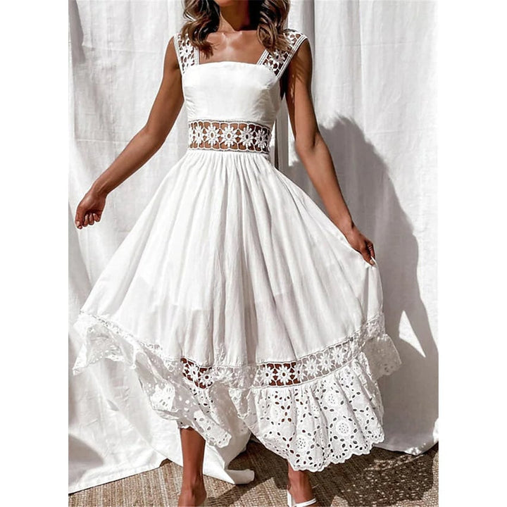 Womens White Sleeveless Solid Lace Panel Dress Image 1