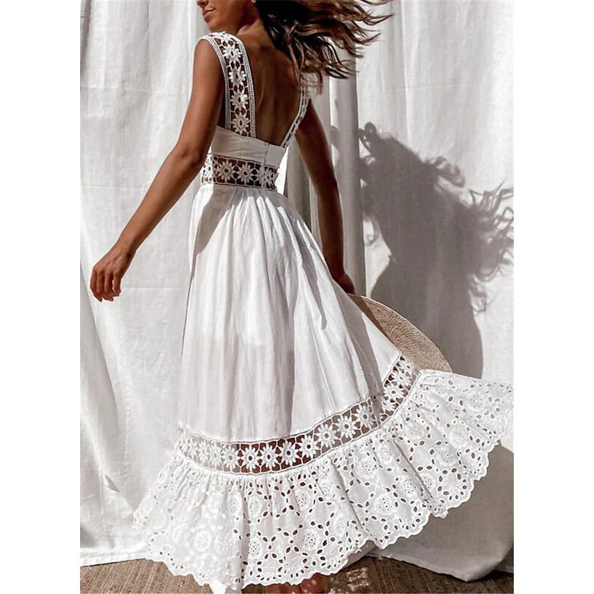 Womens White Sleeveless Solid Lace Panel Dress Image 3