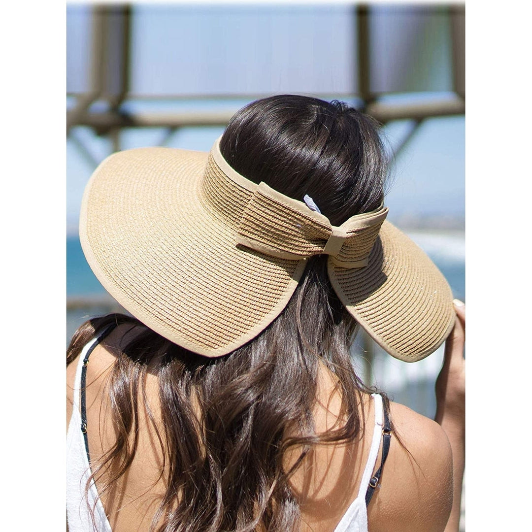 Womens Wide Brim Roll-up Straw Sun Hat Sun Visor Image 10