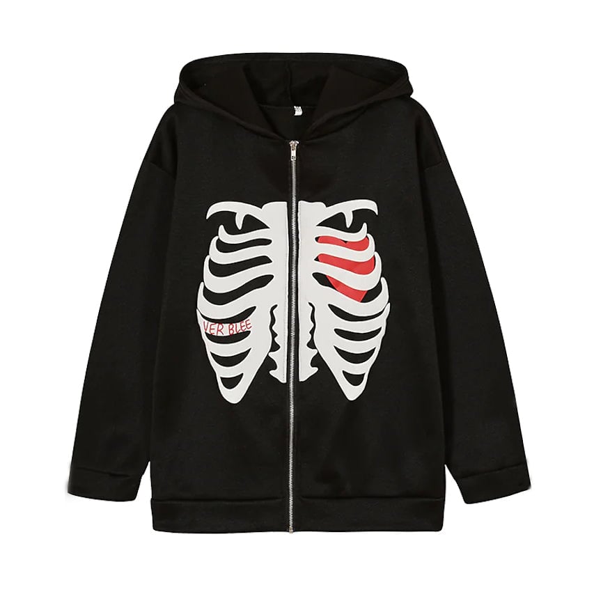 Womens Zip Up Skeleton Letter Hoodie Sweatshirt Image 1