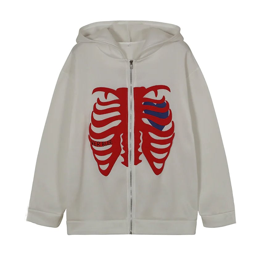 Womens Zip Up Skeleton Letter Hoodie Sweatshirt Image 2