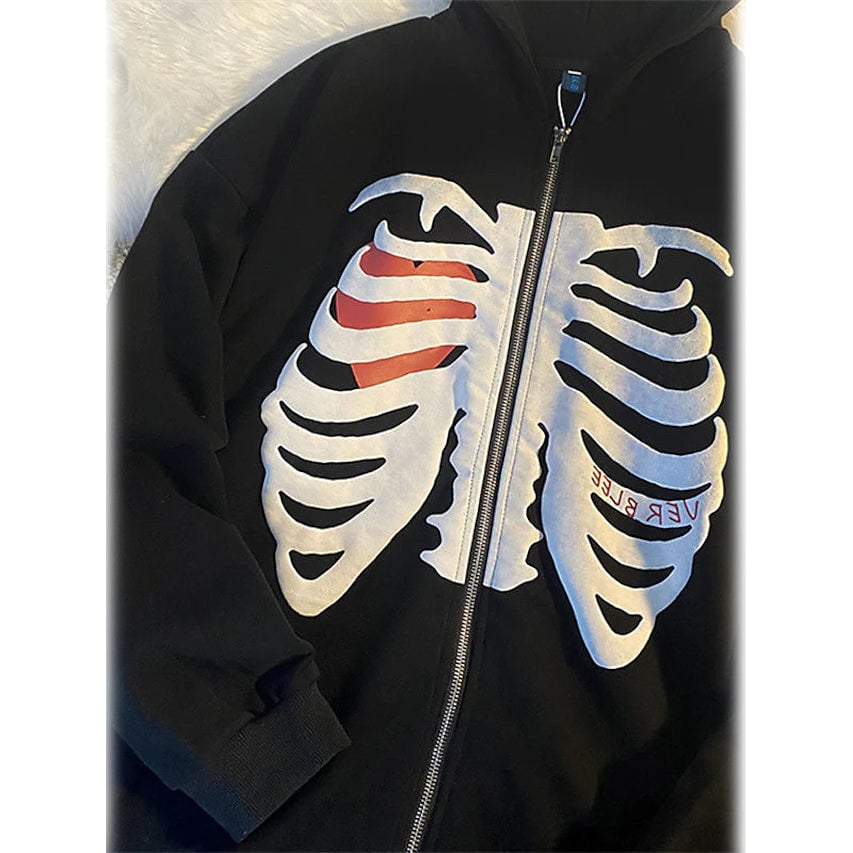 Womens Zip Up Skeleton Letter Hoodie Sweatshirt Image 4