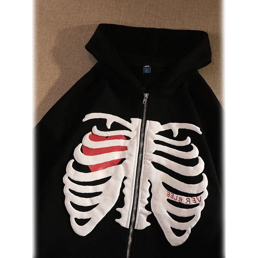 Womens Zip Up Skeleton Letter Hoodie Sweatshirt Image 4