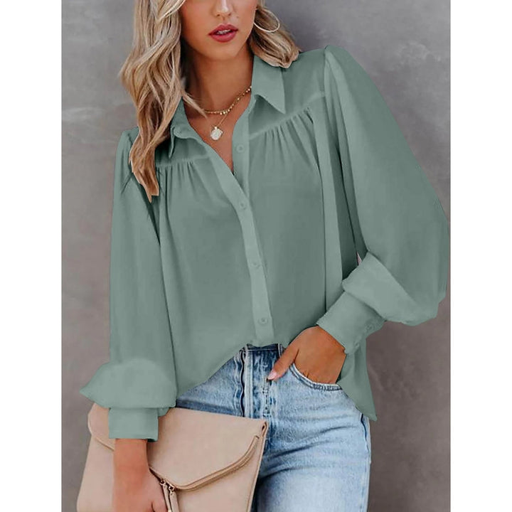 Womens Blouse Shirt Plain Button Long Sleeve Image 1